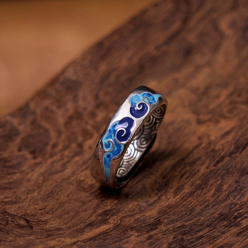 Fortune Jewel Blue Auspicious Clouds Pattern Wealth Copper Adjustable Ring