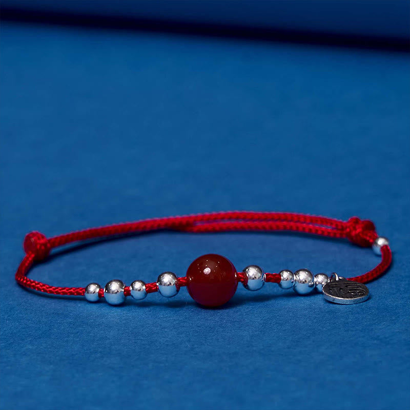 Fortune Jewel Handmade 925 Sterling Silver Fu Character Red Agate Fortune Braided Ultra-Thin Rope Bracelet