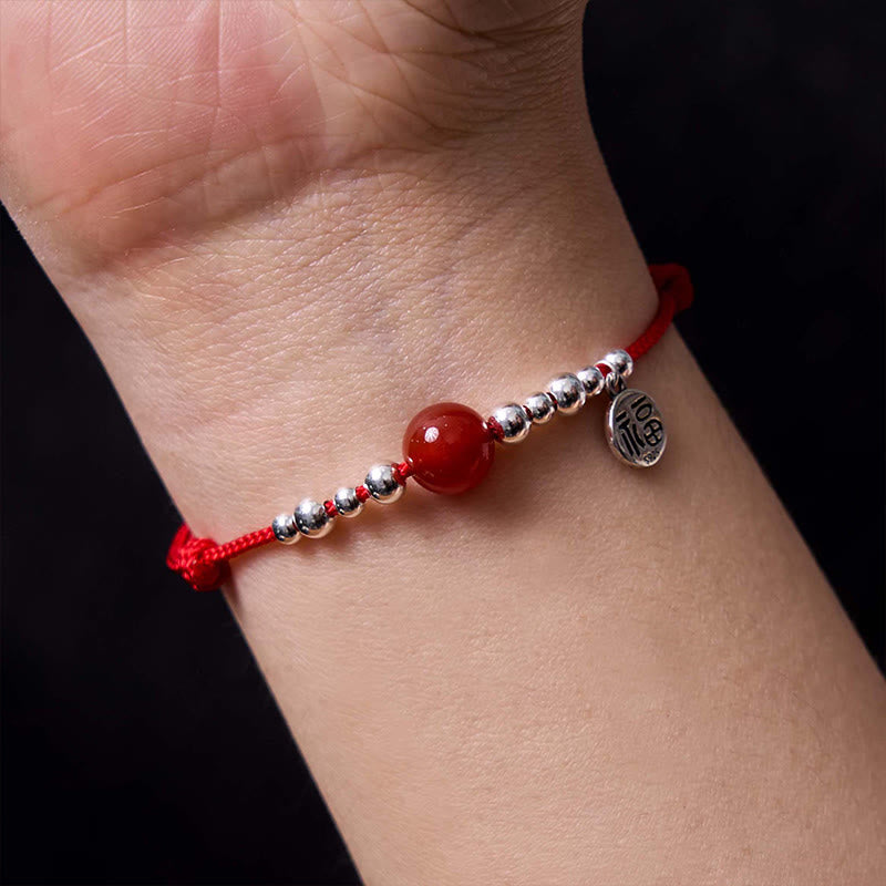 Fortune Jewel Handmade 925 Sterling Silver Fu Character Red Agate Fortune Braided Ultra-Thin Rope Bracelet