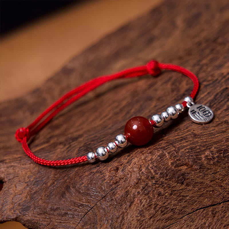 Fortune Jewel Handmade 925 Sterling Silver Fu Character Red Agate Fortune Braided Ultra-Thin Rope Bracelet