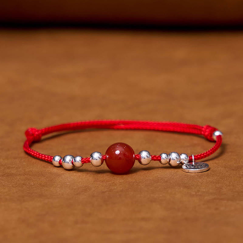 Fortune Jewel Handmade 925 Sterling Silver Fu Character Red Agate Fortune Braided Ultra-Thin Rope Bracelet