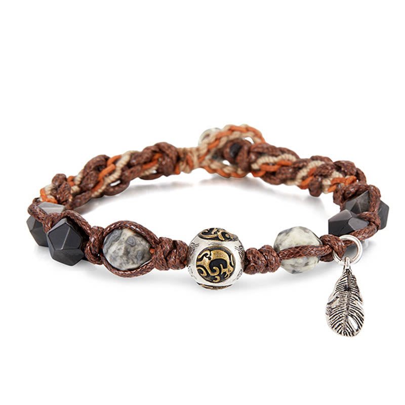 Fortune Jewel Retro 925 Sterling Silver Silver Sheen Obsidian Transport Rope Handmade Braided Bracelet