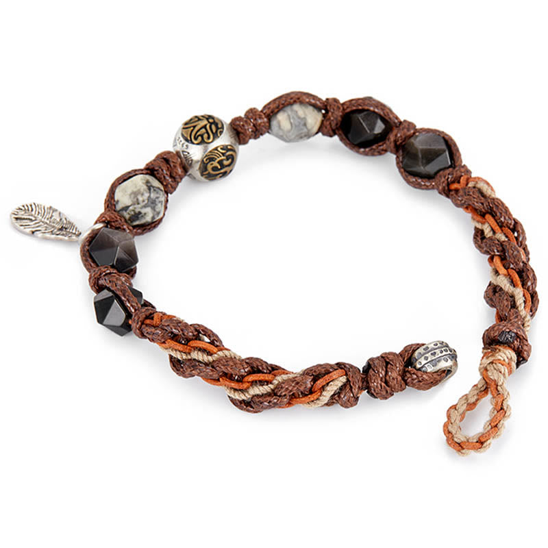 Fortune Jewel Retro 925 Sterling Silver Silver Sheen Obsidian Transport Rope Handmade Braided Bracelet