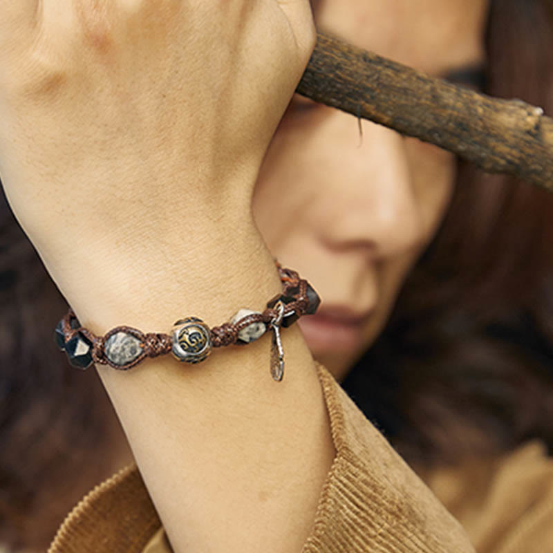 Fortune Jewel Retro 925 Sterling Silver Silver Sheen Obsidian Transport Rope Handmade Braided Bracelet