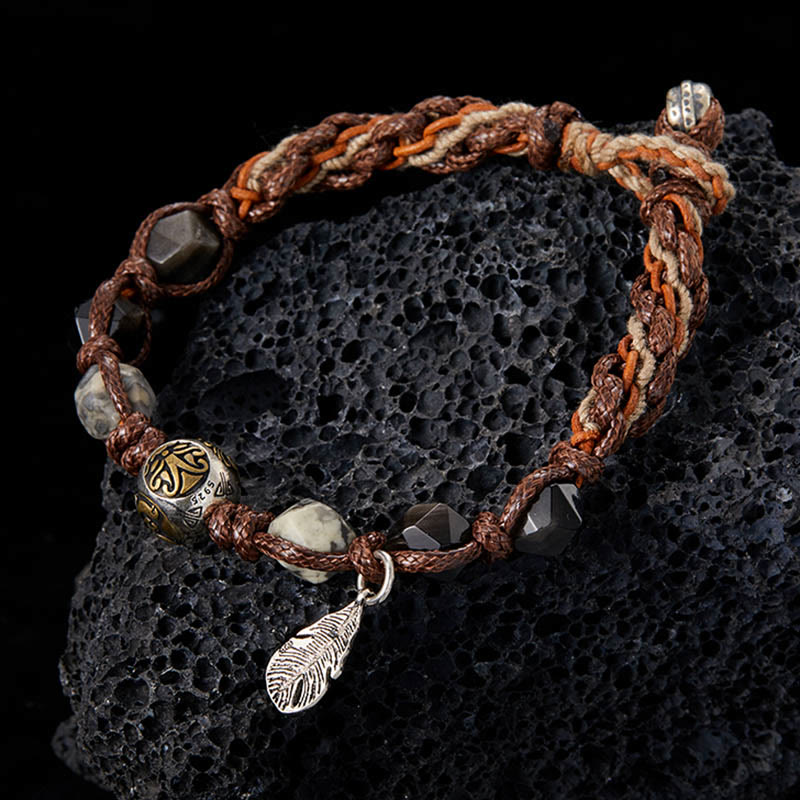 Fortune Jewel Retro 925 Sterling Silver Silver Sheen Obsidian Transport Rope Handmade Braided Bracelet