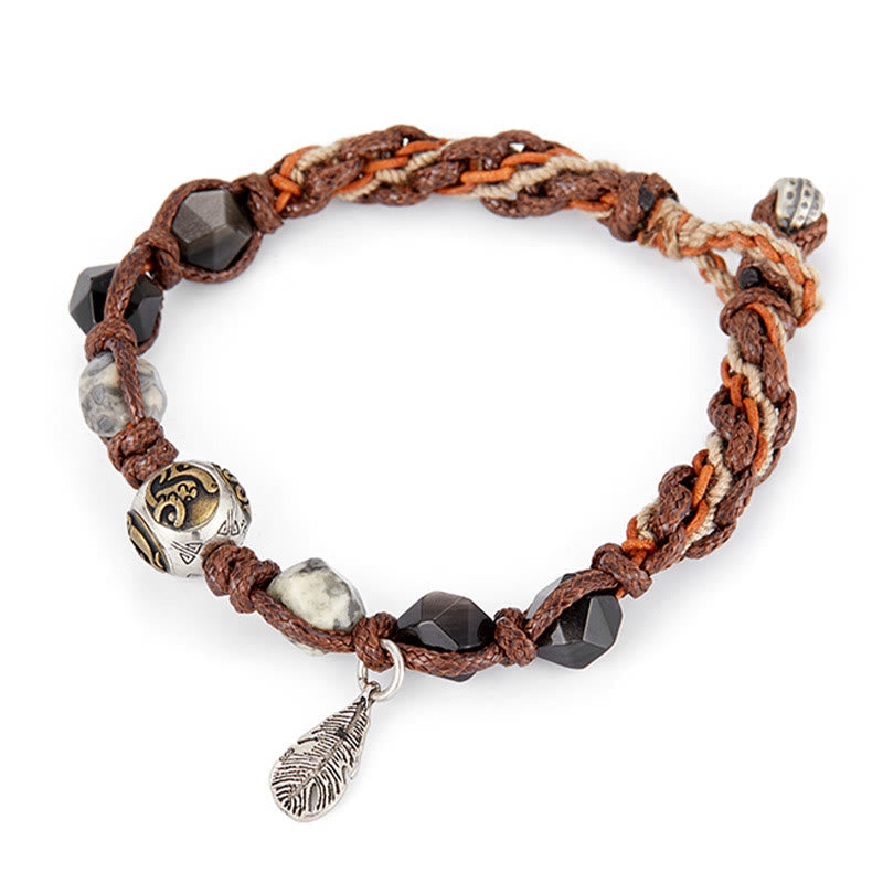 Fortune Jewel Retro 925 Sterling Silver Silver Sheen Obsidian Transport Rope Handmade Braided Bracelet