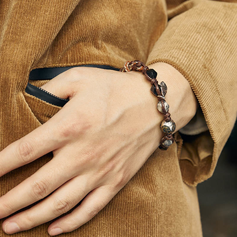 Fortune Jewel Retro 925 Sterling Silver Silver Sheen Obsidian Transport Rope Handmade Braided Bracelet