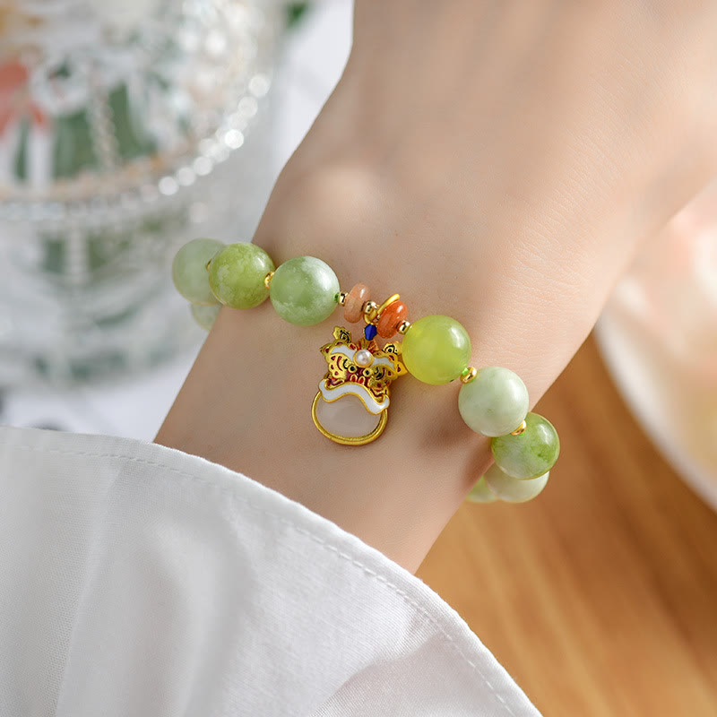 Fortune Jewel Natural Jade Dancing Lion Charm Prosperity Luck Bracelet