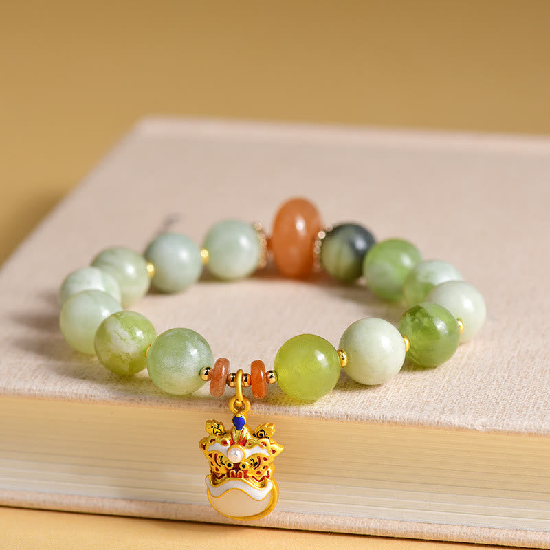 Fortune Jewel Natural Jade Dancing Lion Charm Prosperity Luck Bracelet