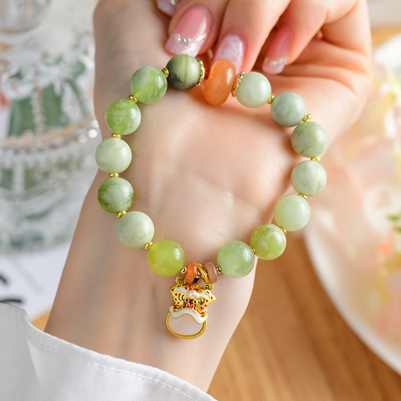 Fortune Jewel Natural Jade Dancing Lion Charm Prosperity Luck Bracelet