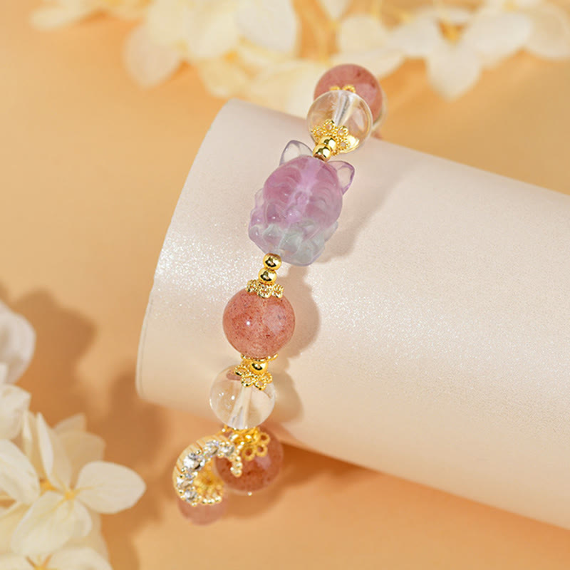 Fortune Jewel Natural White Strawberry Quartz Crystal Healing Love Nine Tailed Fox  Moon Pendant Bracelet