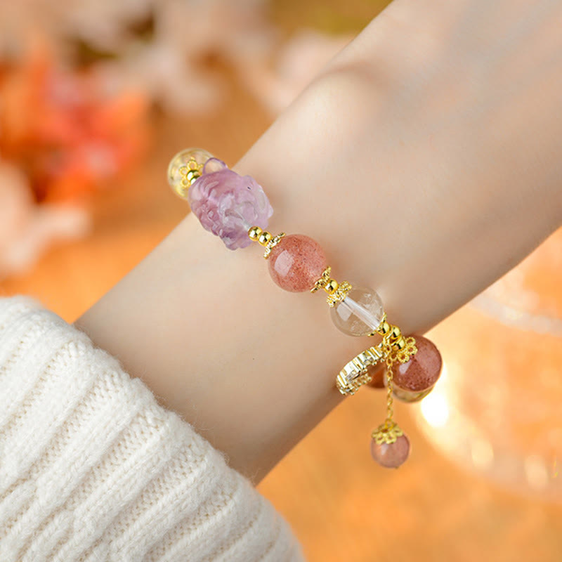 Fortune Jewel Natural White Strawberry Quartz Crystal Healing Love Nine Tailed Fox  Moon Pendant Bracelet