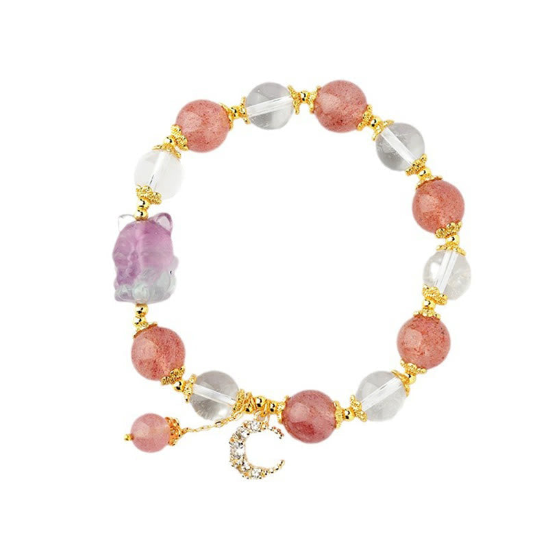 Fortune Jewel Natural White Strawberry Quartz Crystal Healing Love Nine Tailed Fox  Moon Pendant Bracelet
