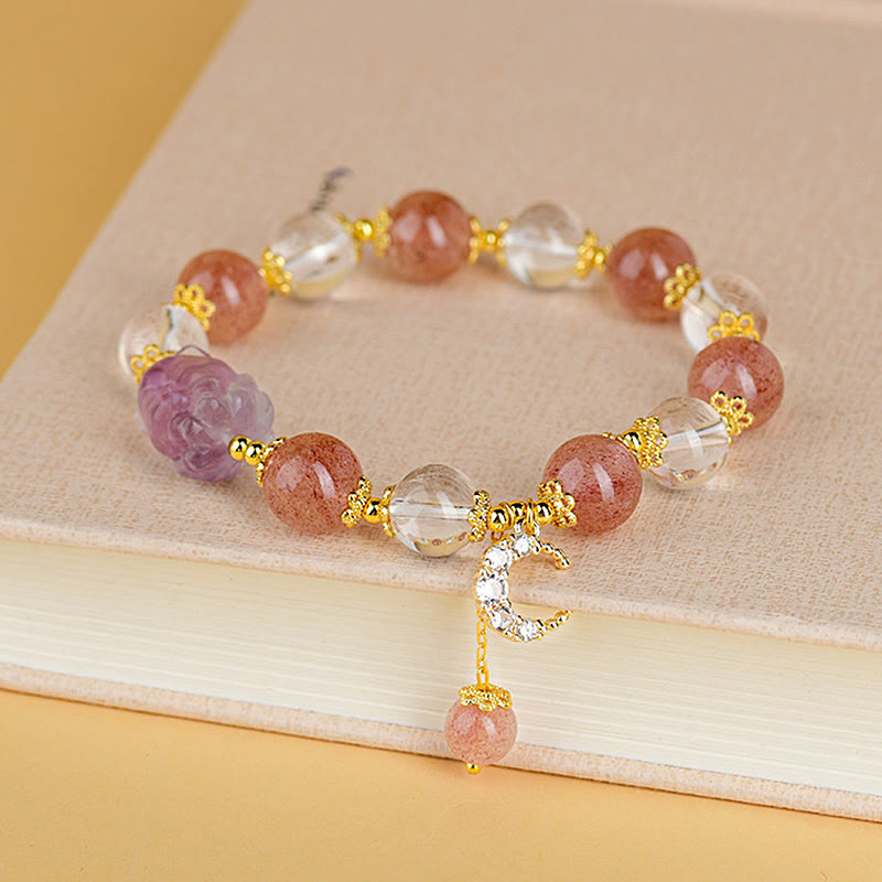 Fortune Jewel Natural White Strawberry Quartz Crystal Healing Love Nine Tailed Fox  Moon Pendant Bracelet