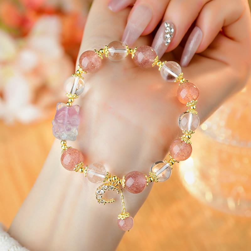 Fortune Jewel Natural White Strawberry Quartz Crystal Healing Love Nine Tailed Fox  Moon Pendant Bracelet