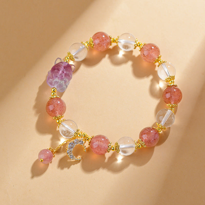 Fortune Jewel Natural White Strawberry Quartz Crystal Healing Love Nine Tailed Fox  Moon Pendant Bracelet