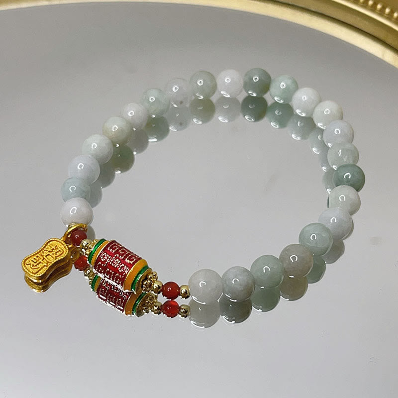 Fortune Jewel Tibetan Natural Jade Fu Character Prayer Wheel Prosperity Abundance Bracelet