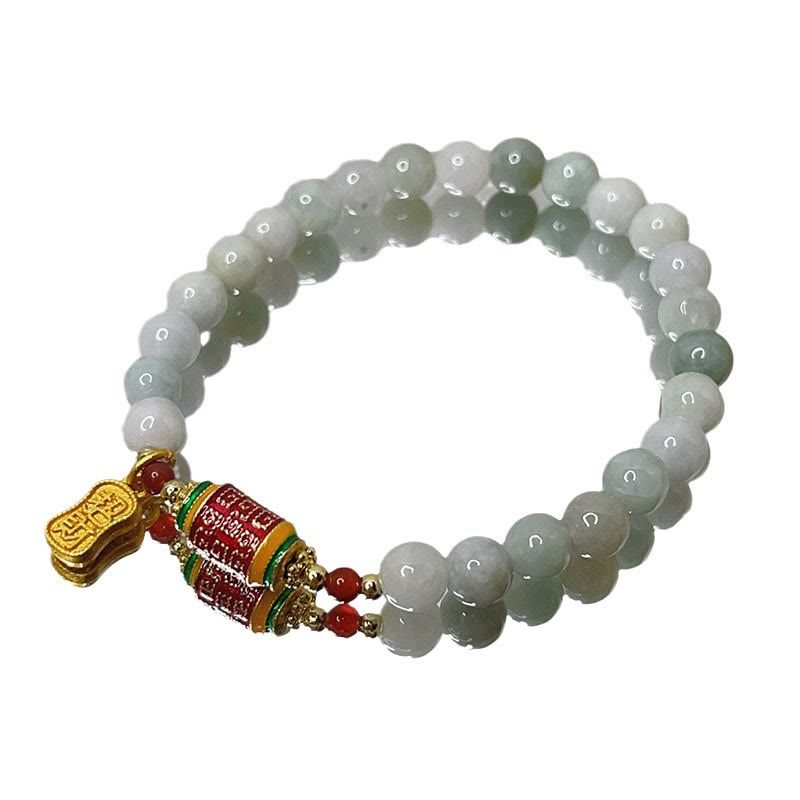 Fortune Jewel Tibetan Natural Jade Fu Character Prayer Wheel Prosperity Abundance Bracelet