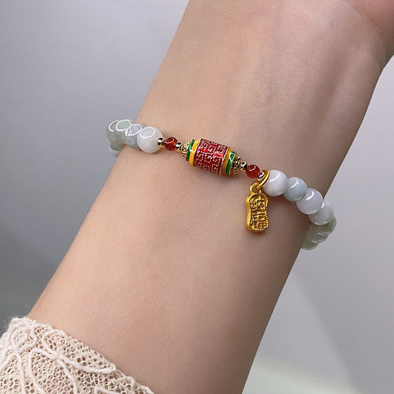 Fortune Jewel Tibetan Natural Jade Fu Character Prayer Wheel Prosperity Abundance Bracelet