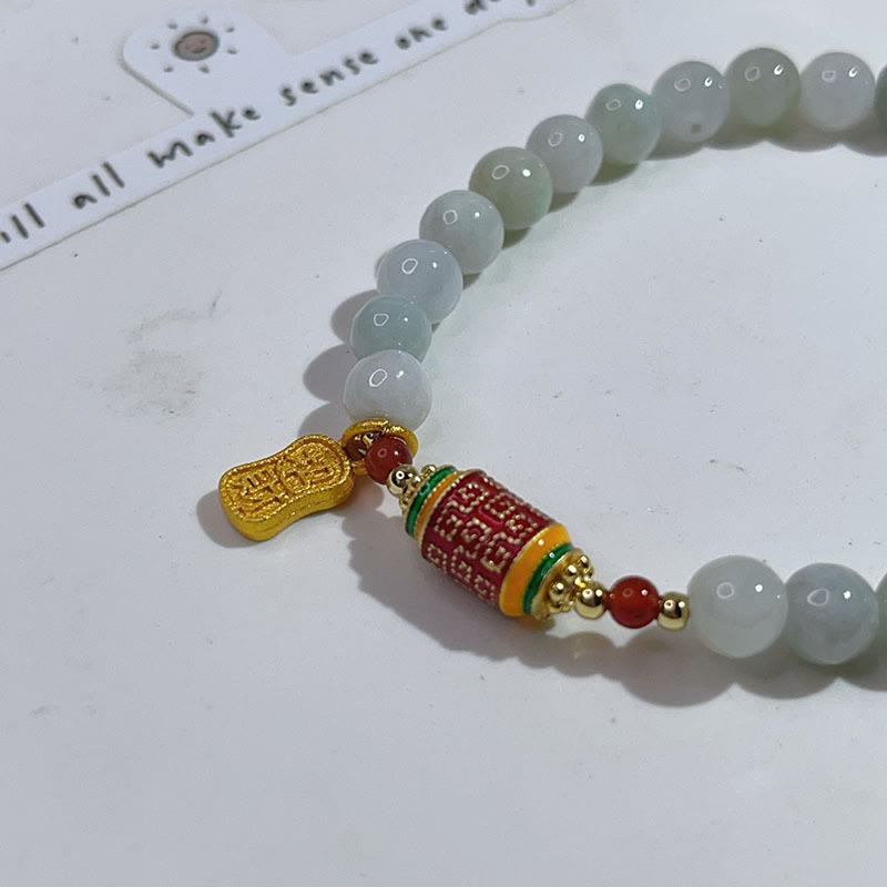 Fortune Jewel Tibetan Natural Jade Fu Character Prayer Wheel Prosperity Abundance Bracelet