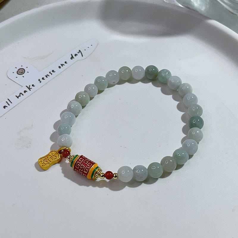 Fortune Jewel Tibetan Natural Jade Fu Character Prayer Wheel Prosperity Abundance Bracelet