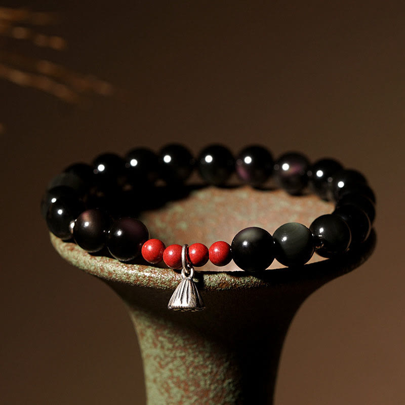Fortune Jewel Natural Black Obsidian Cinnabar Lotus Charm Strength Fulfillment Bracelet