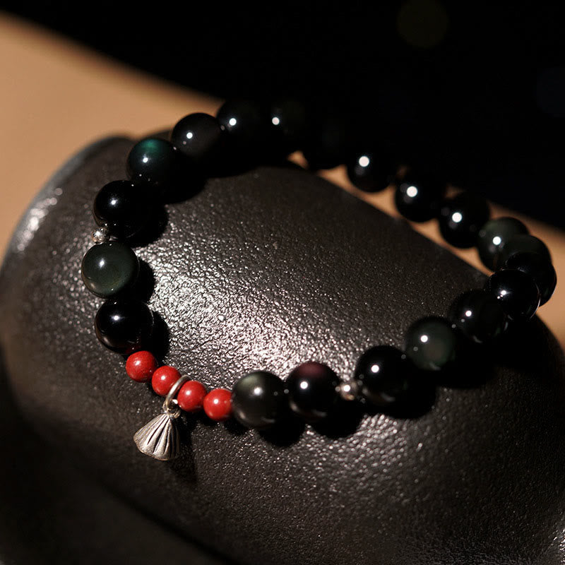 Fortune Jewel Natural Black Obsidian Cinnabar Lotus Charm Strength Fulfillment Bracelet