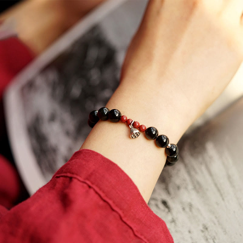Fortune Jewel Natural Black Obsidian Cinnabar Lotus Charm Strength Fulfillment Bracelet