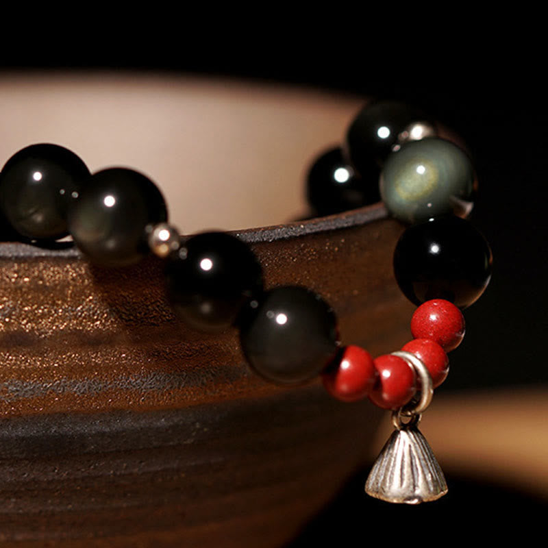 Fortune Jewel Natural Black Obsidian Cinnabar Lotus Charm Strength Fulfillment Bracelet
