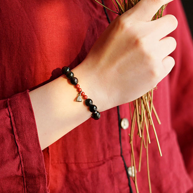 Fortune Jewel Natural Black Obsidian Cinnabar Lotus Charm Strength Fulfillment Bracelet
