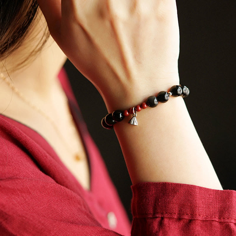 Fortune Jewel Natural Black Obsidian Cinnabar Lotus Charm Strength Fulfillment Bracelet