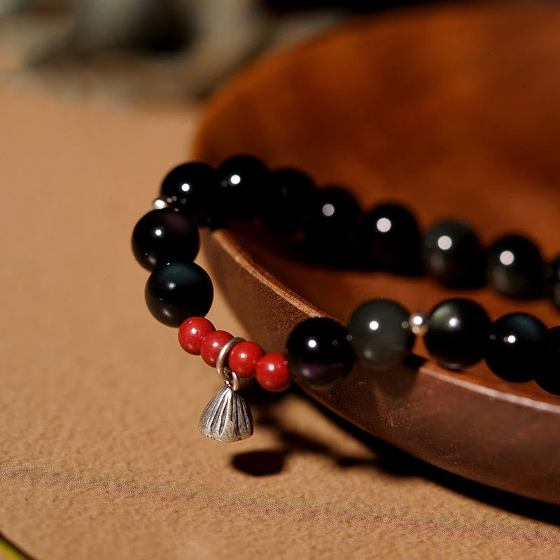 Fortune Jewel Natural Black Obsidian Cinnabar Lotus Charm Strength Fulfillment Bracelet