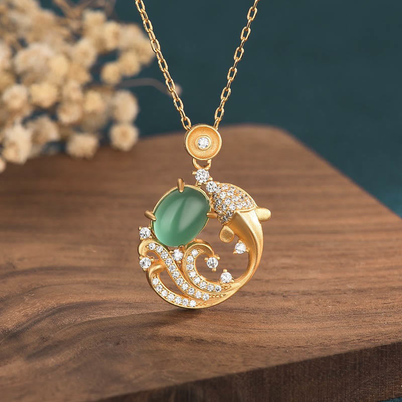 Fortune Jewel Green Chalcedony Koi Fish Strength Necklace Pendant