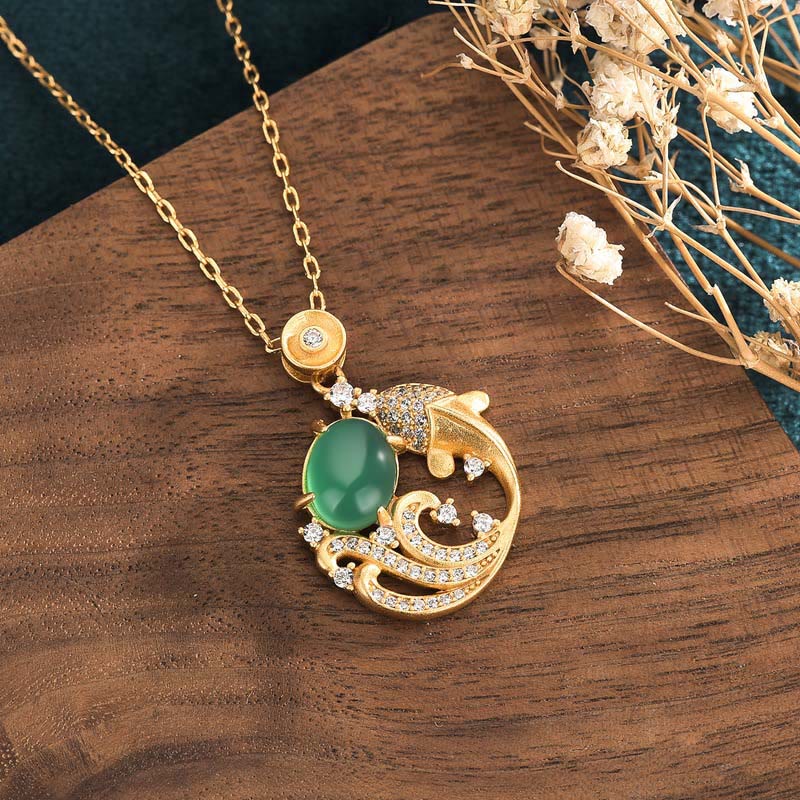 Fortune Jewel Green Chalcedony Koi Fish Strength Necklace Pendant