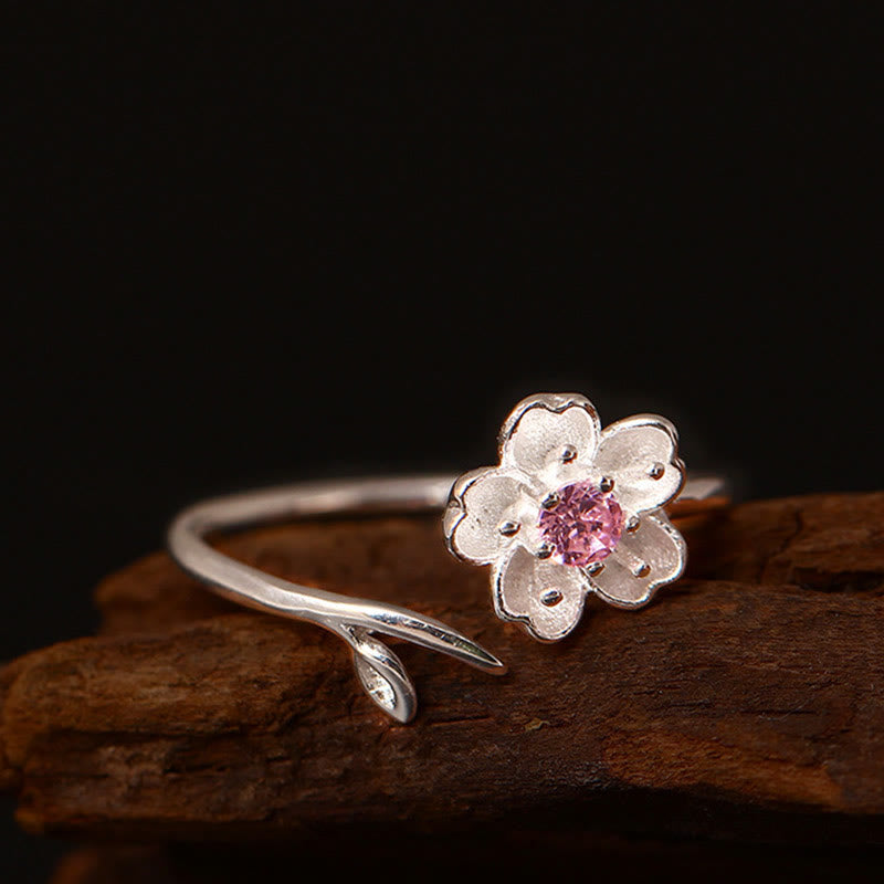Fortune Jewel 925 Sterling Silver Cherry Blossom Sakura Flower Blessing Adjustable Ring