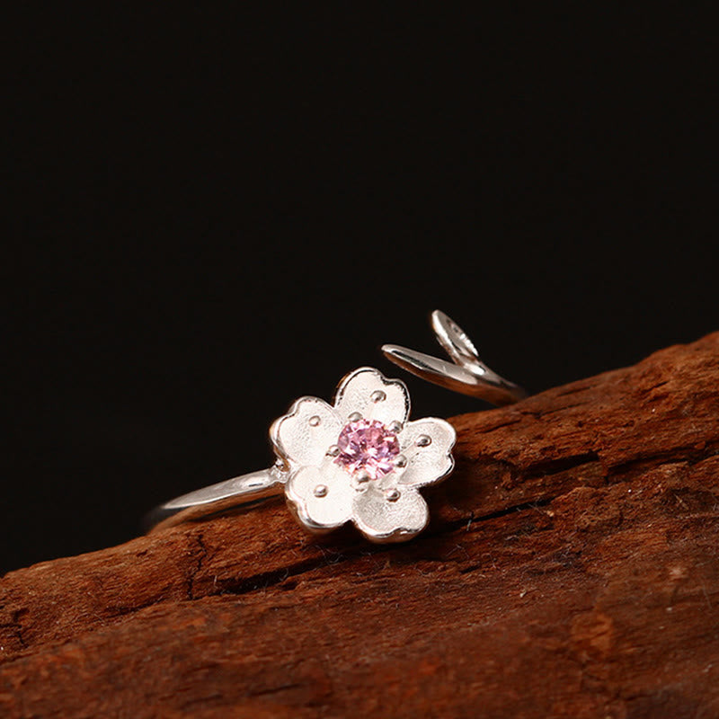 Fortune Jewel 925 Sterling Silver Cherry Blossom Sakura Flower Blessing Adjustable Ring