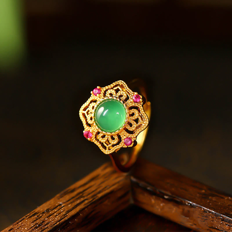 Fortune Jewel Green Chalcedony Hollow Pattern Strength Adjustable Ring