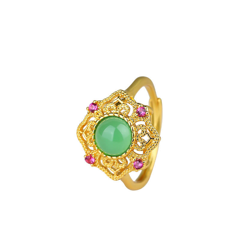 Fortune Jewel Green Chalcedony Hollow Pattern Strength Adjustable Ring