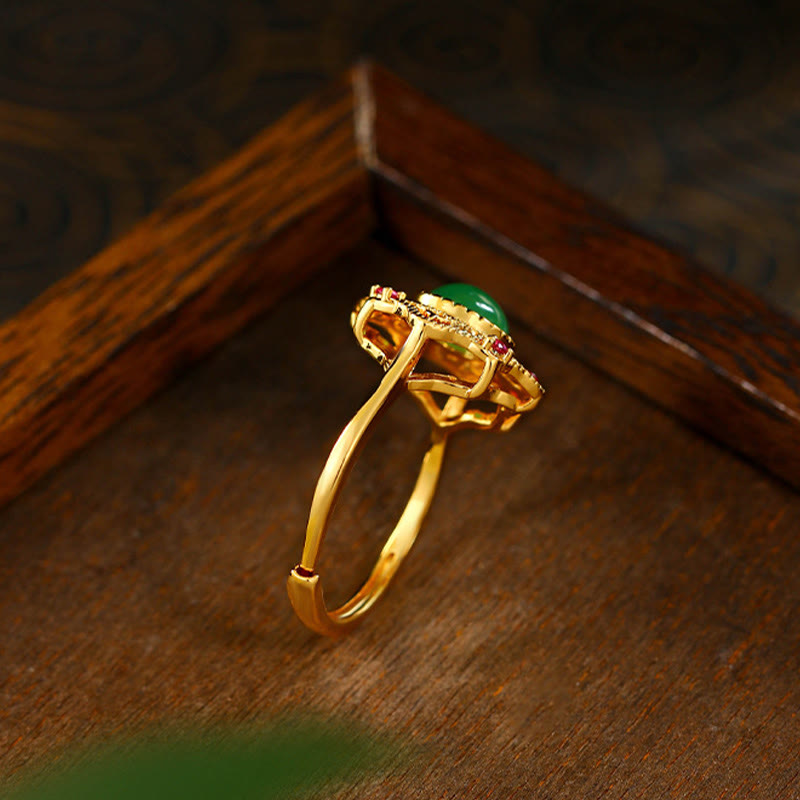 Fortune Jewel Green Chalcedony Hollow Pattern Strength Adjustable Ring
