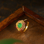 Fortune Jewel Green Chalcedony Hollow Pattern Strength Adjustable Ring