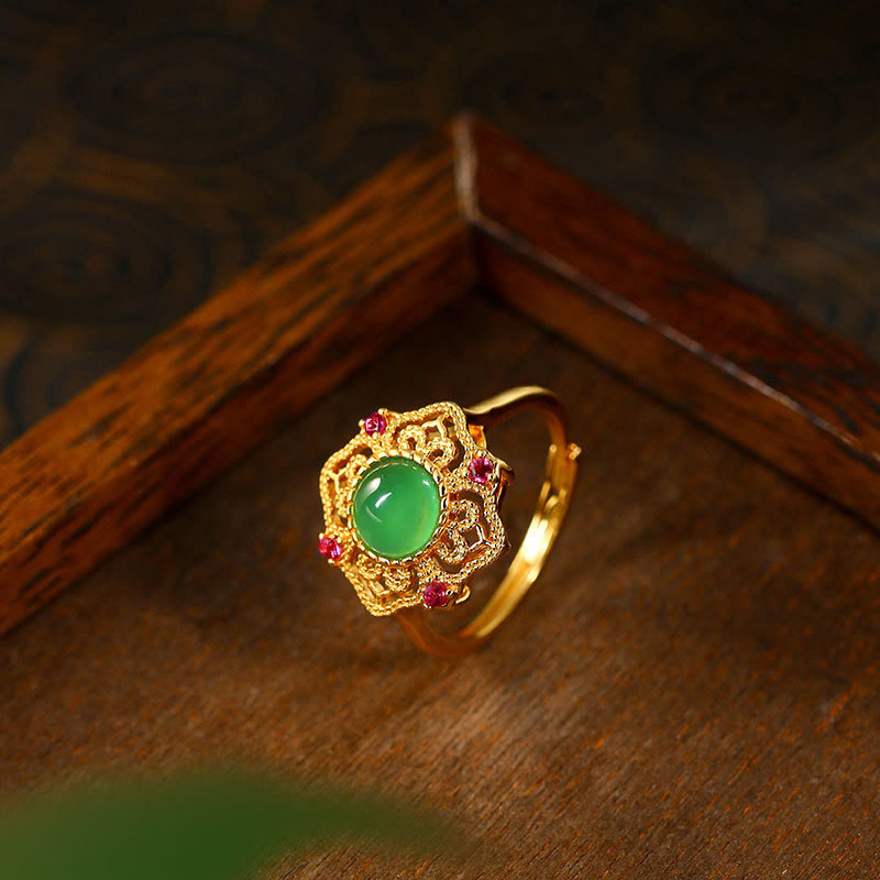 Fortune Jewel Green Chalcedony Hollow Pattern Strength Adjustable Ring