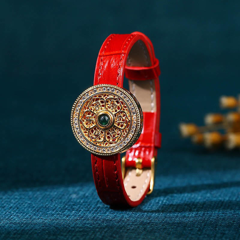 Fortune Jewel Six True Words Eight Treasures Compass Jade 24K Gold Plated Luck Leather Bracelet