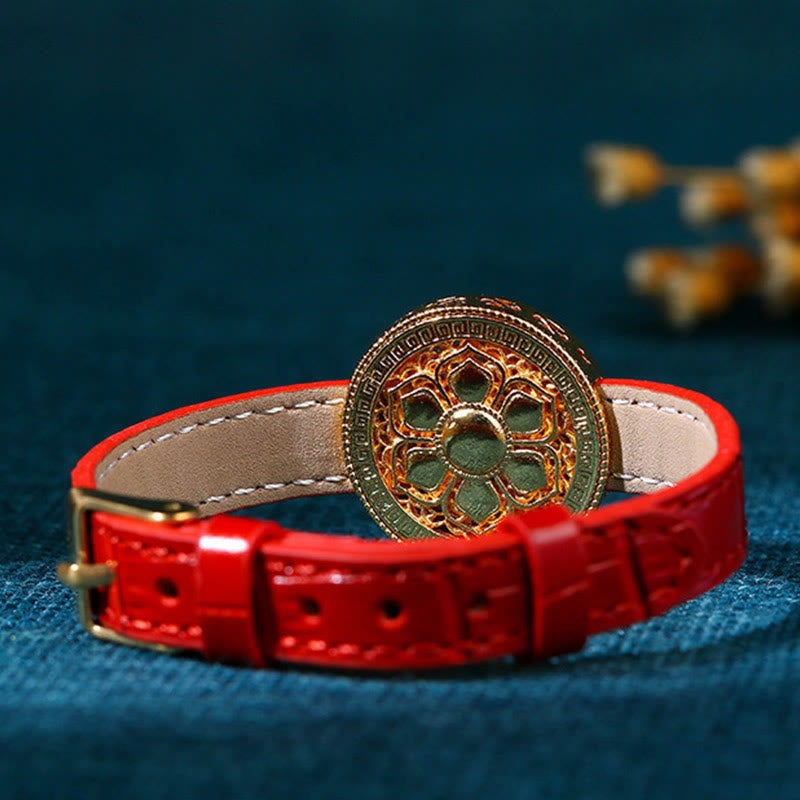 Fortune Jewel Six True Words Eight Treasures Compass Jade 24K Gold Plated Luck Leather Bracelet