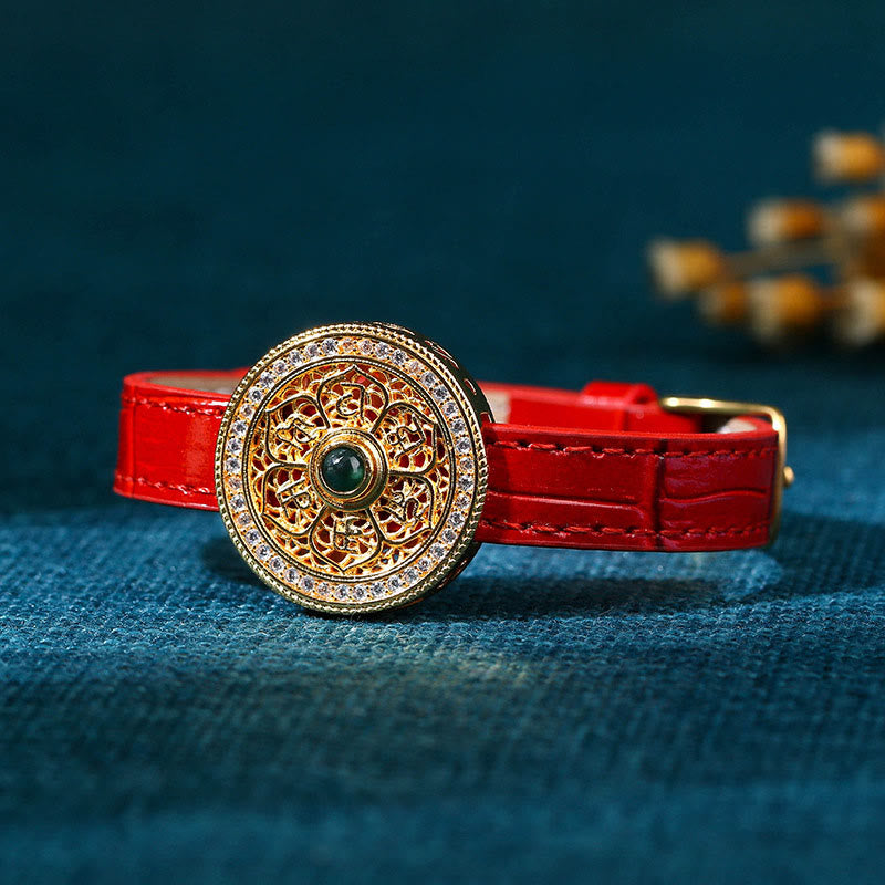 Fortune Jewel Six True Words Eight Treasures Compass Jade 24K Gold Plated Luck Leather Bracelet