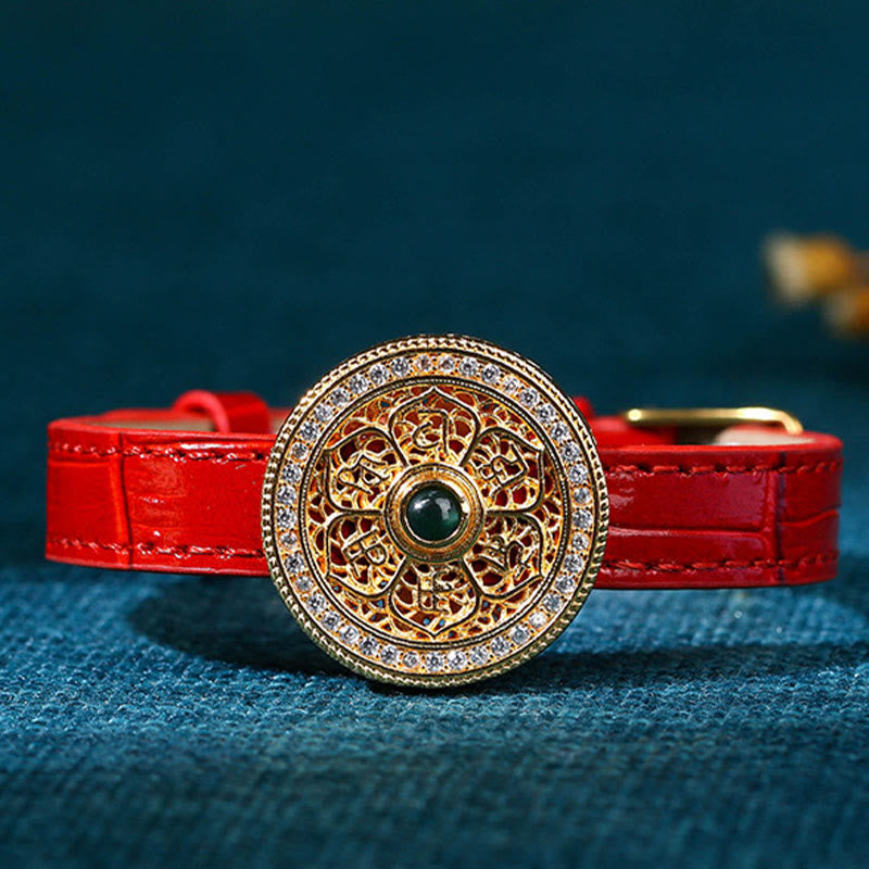 Fortune Jewel Six True Words Eight Treasures Compass Jade 24K Gold Plated Luck Leather Bracelet