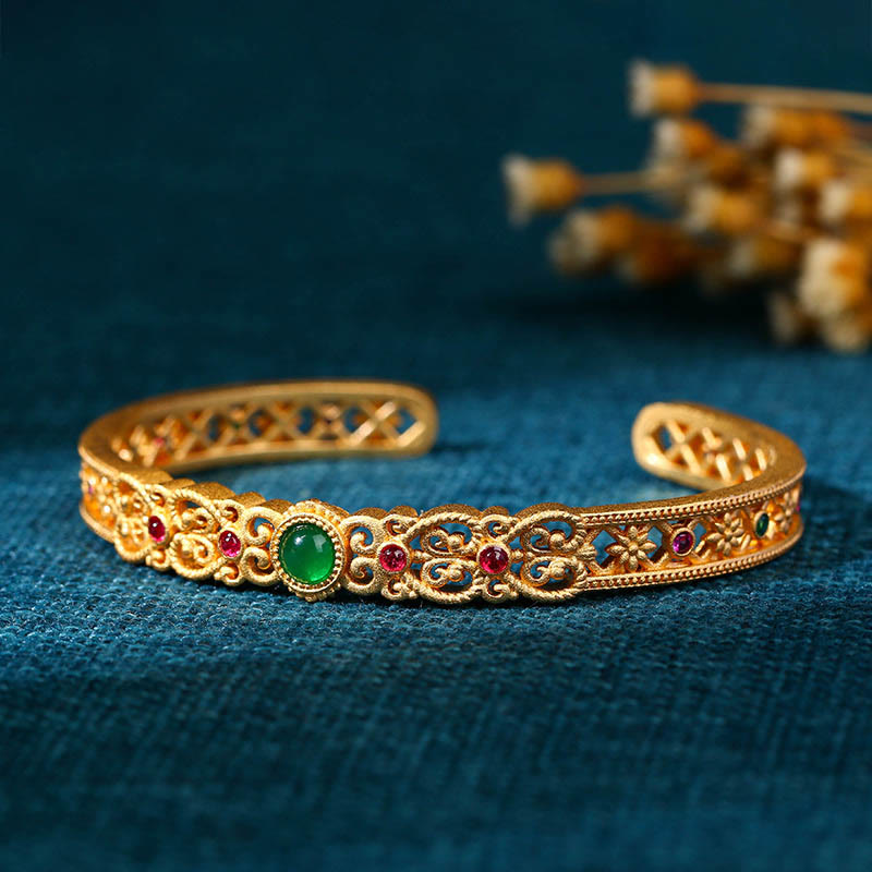 Fortune Jewel Green Chalcedony 24k Gold Plated Copper Strength Cuff Bracelet Bangle