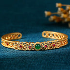 Fortune Jewel Green Chalcedony 24k Gold Plated Copper Strength Cuff Bracelet Bangle