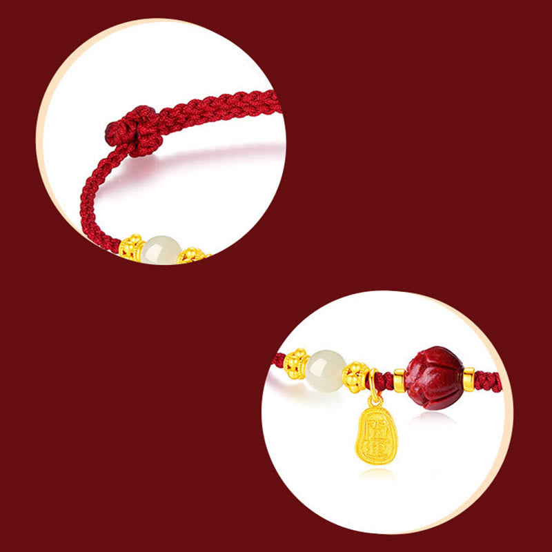 Fortune Jewel Fu Character Jade Cinnabar 24K Gold Plated Luck Red String Bracelet
