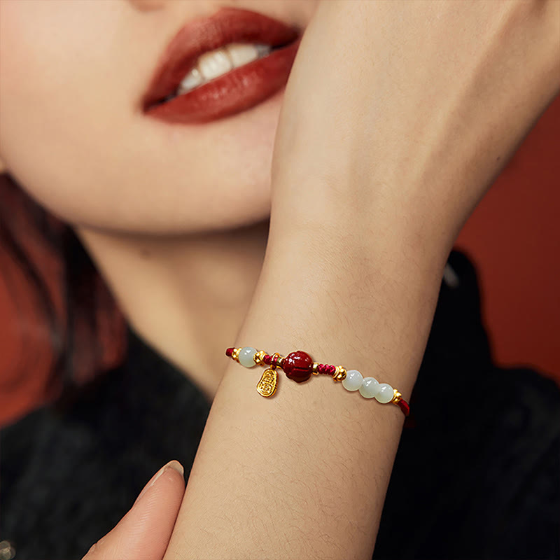 Fortune Jewel Fu Character Jade Cinnabar 24K Gold Plated Luck Red String Bracelet