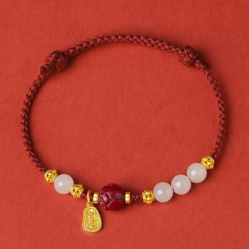 Fortune Jewel Fu Character Jade Cinnabar 24K Gold Plated Luck Red String Bracelet
